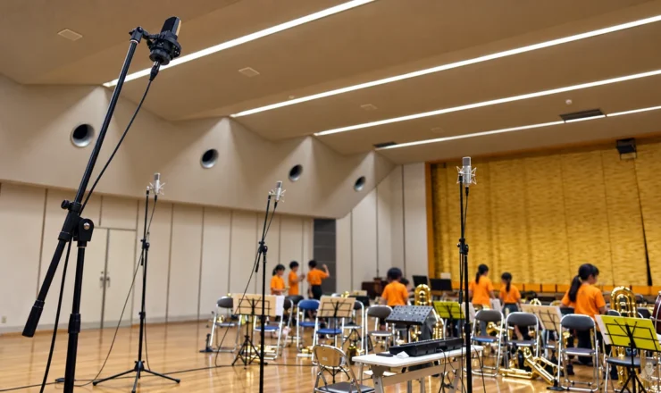 小学校のホールに複数のマイクを配置し、金管楽器の出張レコーディングを準備している様子