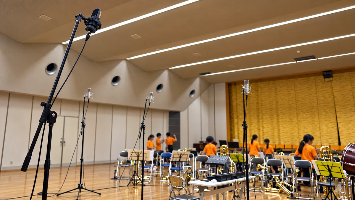小学校のホールに複数のマイクを配置し、金管楽器の出張レコーディングを準備している様子