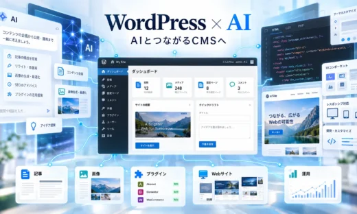 WordPressとAIが連携し、記事制作やWeb開発、サイト運用へ広がるイメージ
