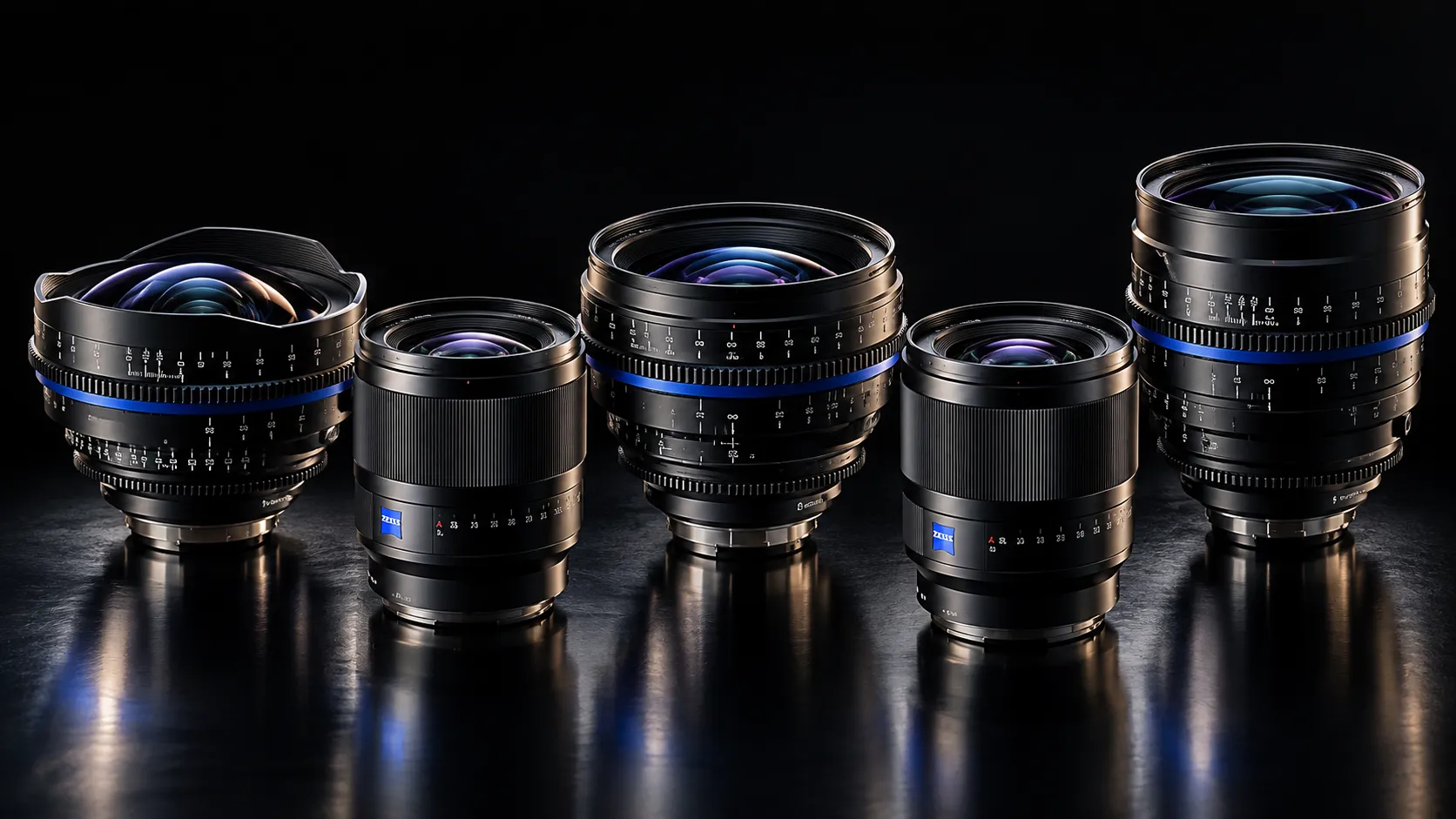 ZEISSとSONYの撮影用レンズを黒背景で並べたイメージ